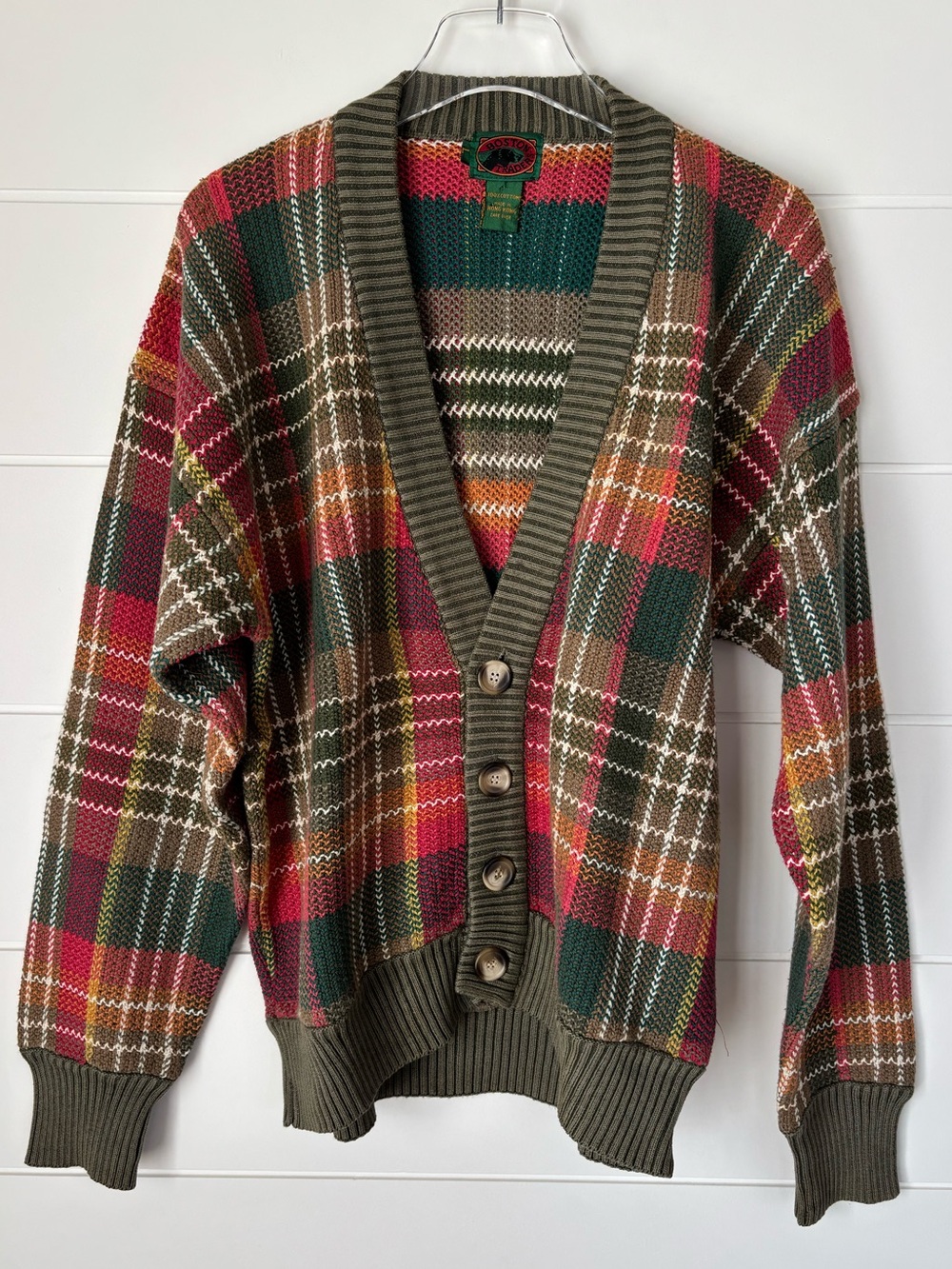 Vintage Boston Traders Plaid Cardigan Sweater 100% Cotton Size Large